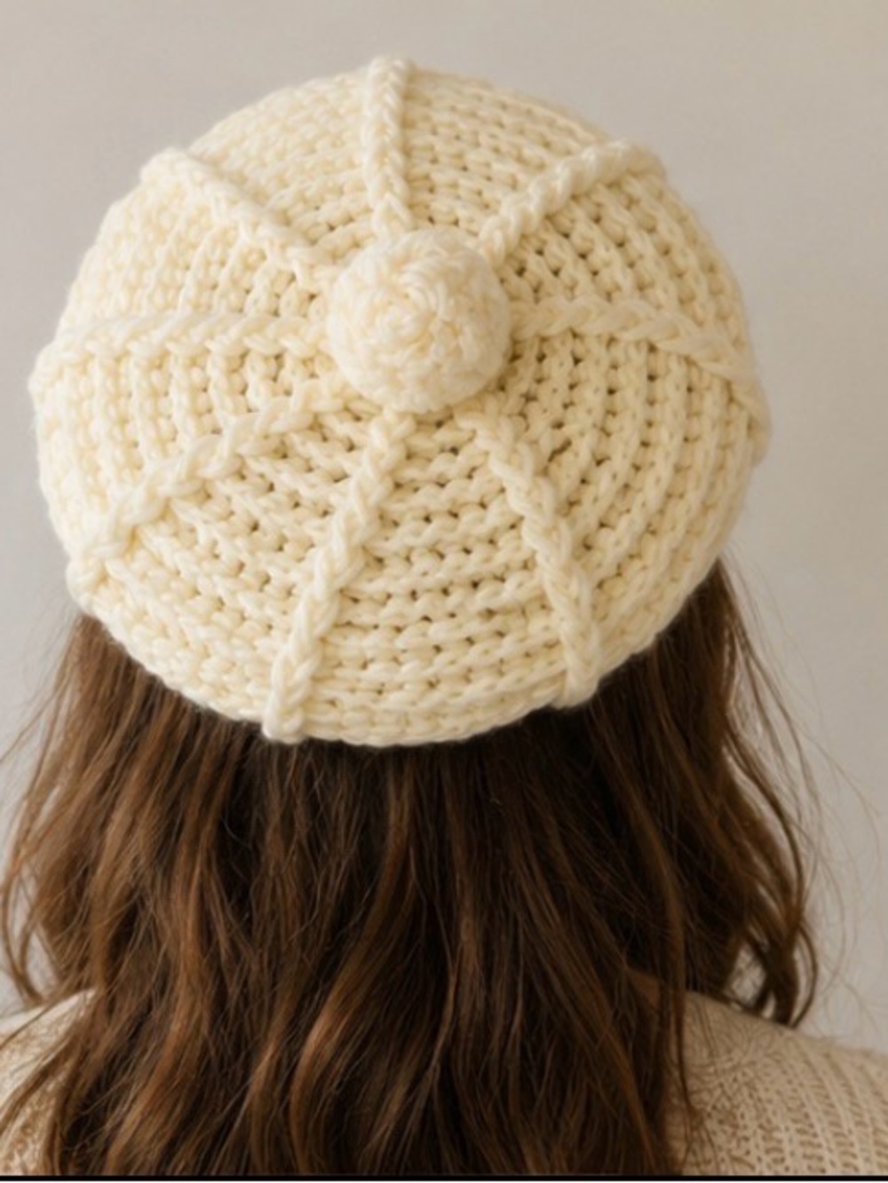 Vintage Hand Crochet Beret with Pom - Cream